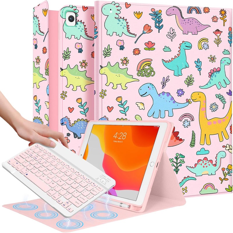 Wazzasoft for iPad 9th/8th/7th/Air 3rd Generation/Pro 10.5 Inch Case Keyboard Pencil Holder Folio Tablet Cover Women Girl Cute Girly Teen Kawaii Dino Unique Design for Apple 10.2 & 10.5 Inch - Image 1