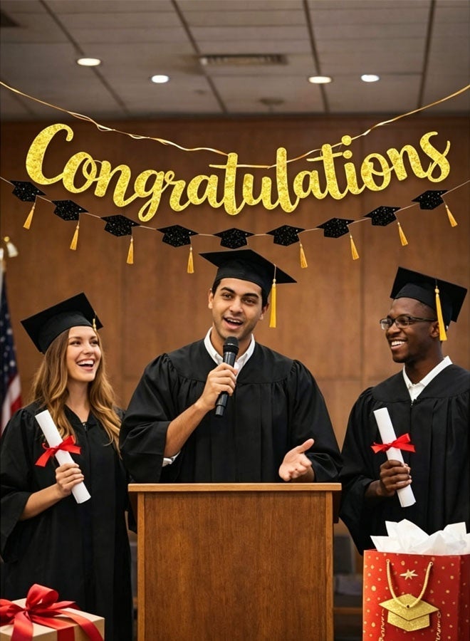 Ailily Graduation Congratulations Glitter Banner with Caps – Gold Hanging Party Decoration for Graduation Celebration - Image 1
