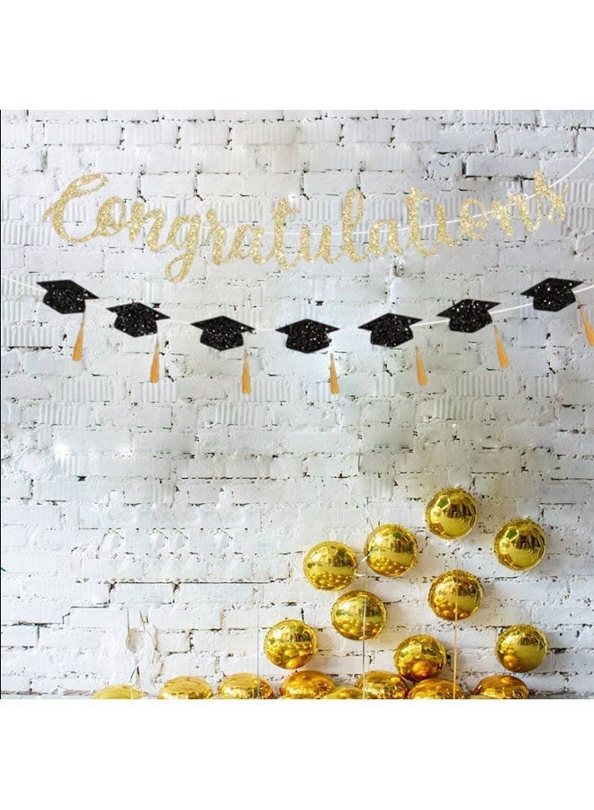 Ailily Graduation Congratulations Glitter Banner with Caps – Gold Hanging Party Decoration for Graduation Celebration - Image 5