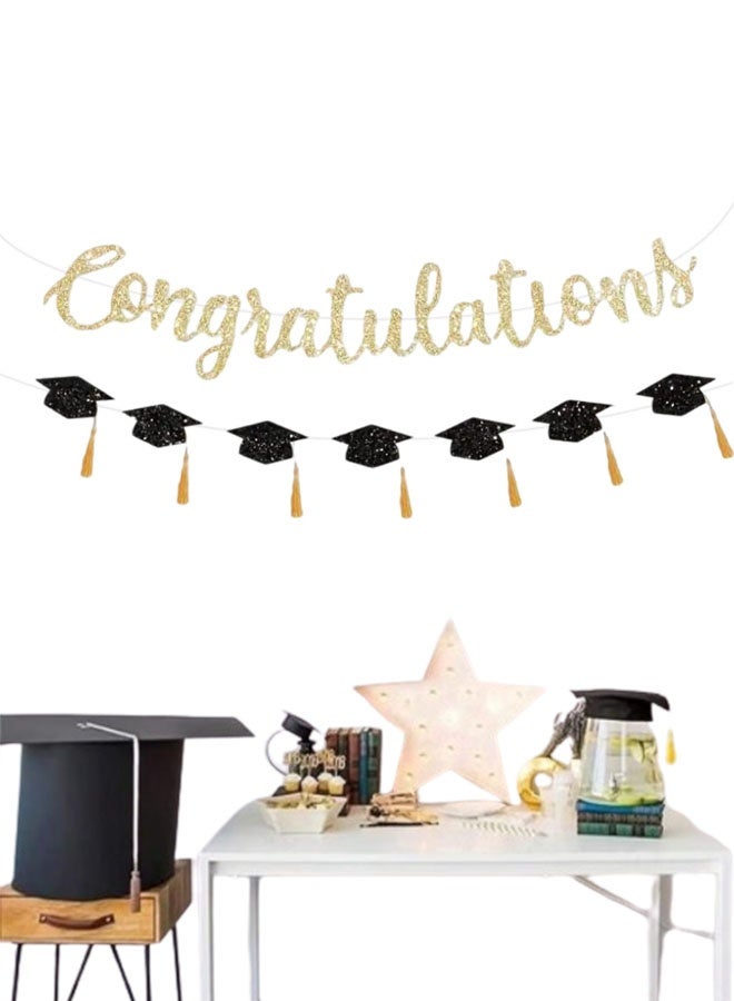 Ailily Graduation Congratulations Glitter Banner with Caps – Gold Hanging Party Decoration for Graduation Celebration - Image 2