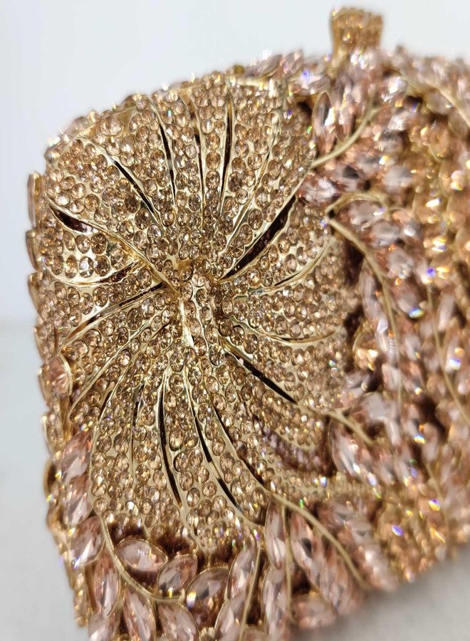 Boutique De FGG حقائب سهرة مزينة بالزهور من بوتيك دي إف جي جي، مناسبة لحفلات العشاء الرسمية، حقيبة يد مينودير مزينة بالكريستال والزهور، حقيبة يد للعروس (ذهبي وردي)، ذهبي وردي - Image 4