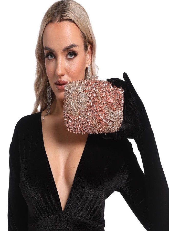 Boutique De FGG حقائب سهرة مزينة بالزهور من بوتيك دي إف جي جي، مناسبة لحفلات العشاء الرسمية، حقيبة يد مينودير مزينة بالكريستال والزهور، حقيبة يد للعروس (ذهبي وردي)، ذهبي وردي - Image 3