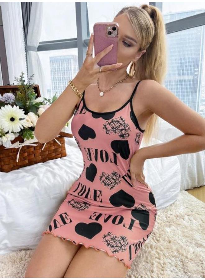 European And American Summer Thin Home Wear Camisole Short Dress Heart Cartoon Cute Print Pajamas