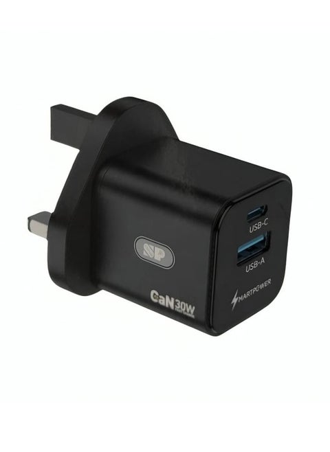 30W Wall Charger with USB Port and Type-C Port Supports Fast Charging Black