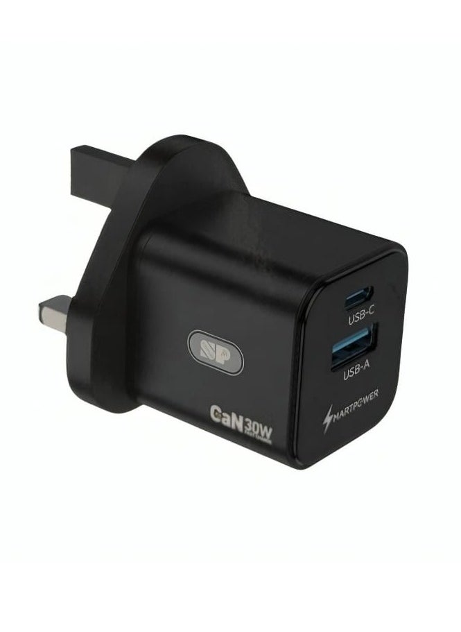 30W Wall Charger with USB Port and Type-C Port Supports Fast Charging Black