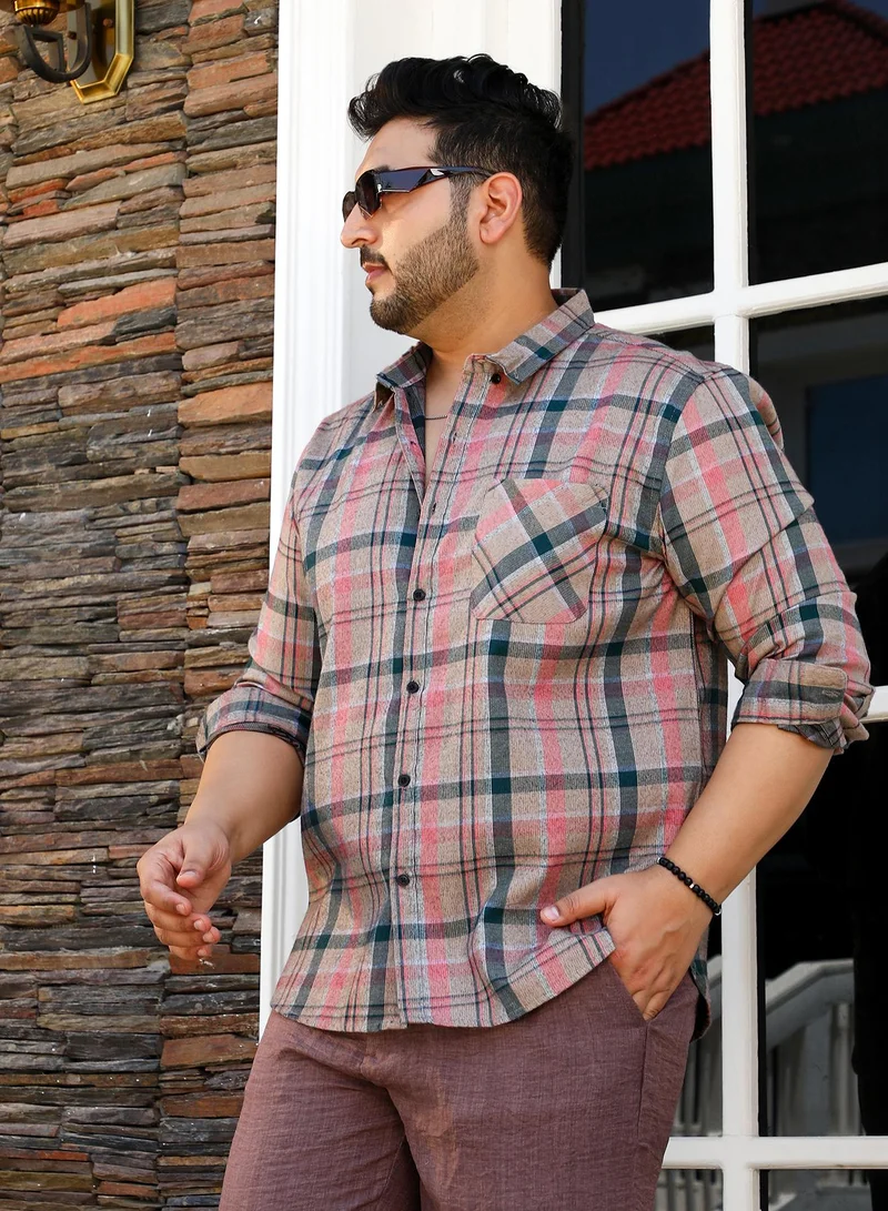 انستافاب بلس Instafab Plus Men's Khaki Beige Button-Down Tartan Shirt For Casual Wear | Spread Collar | Long Cuffed Sleeves | Button Closure | Plus Size Shirt Crafted With Comfort Fit For Everyday Wear