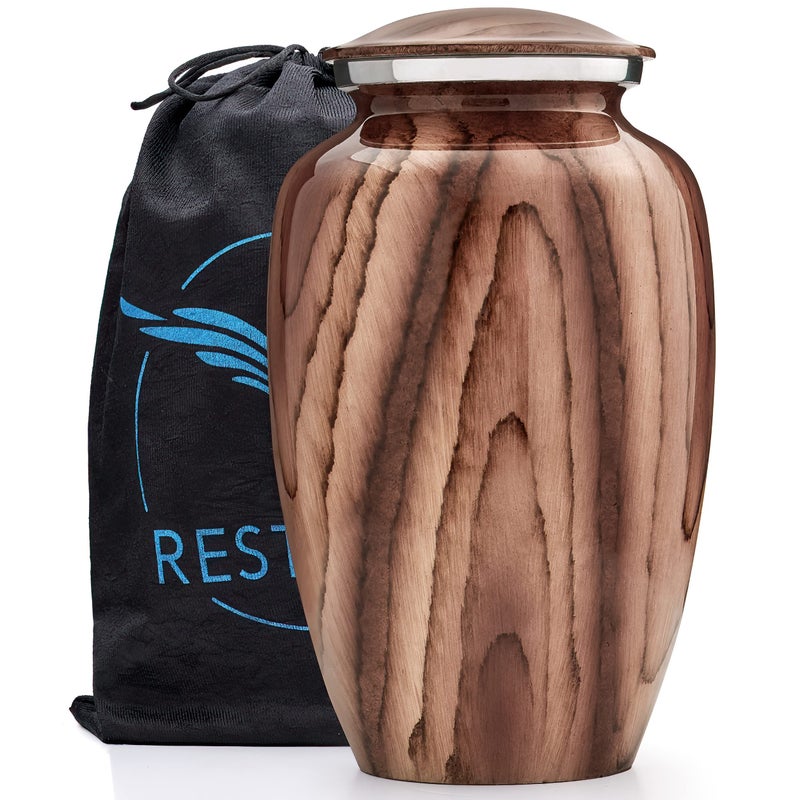 RESTAALL Woodgrain Aluminum Urns for Adults Secure Cremation Urns for Human Ashes by Restaall