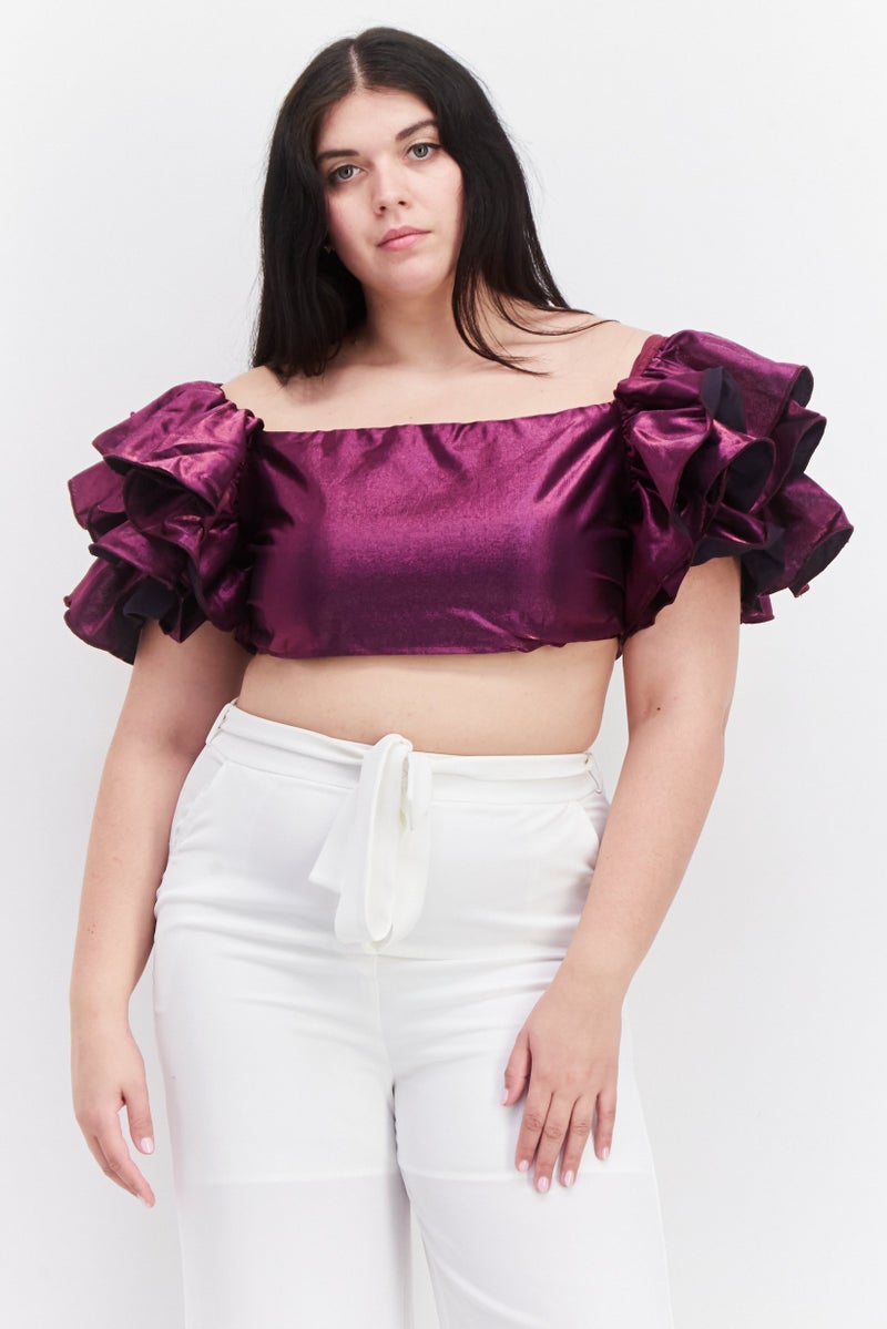 Yaura Women Square Neck Ruffle Sleeve Metallic Crop Top, Purple - Image 1