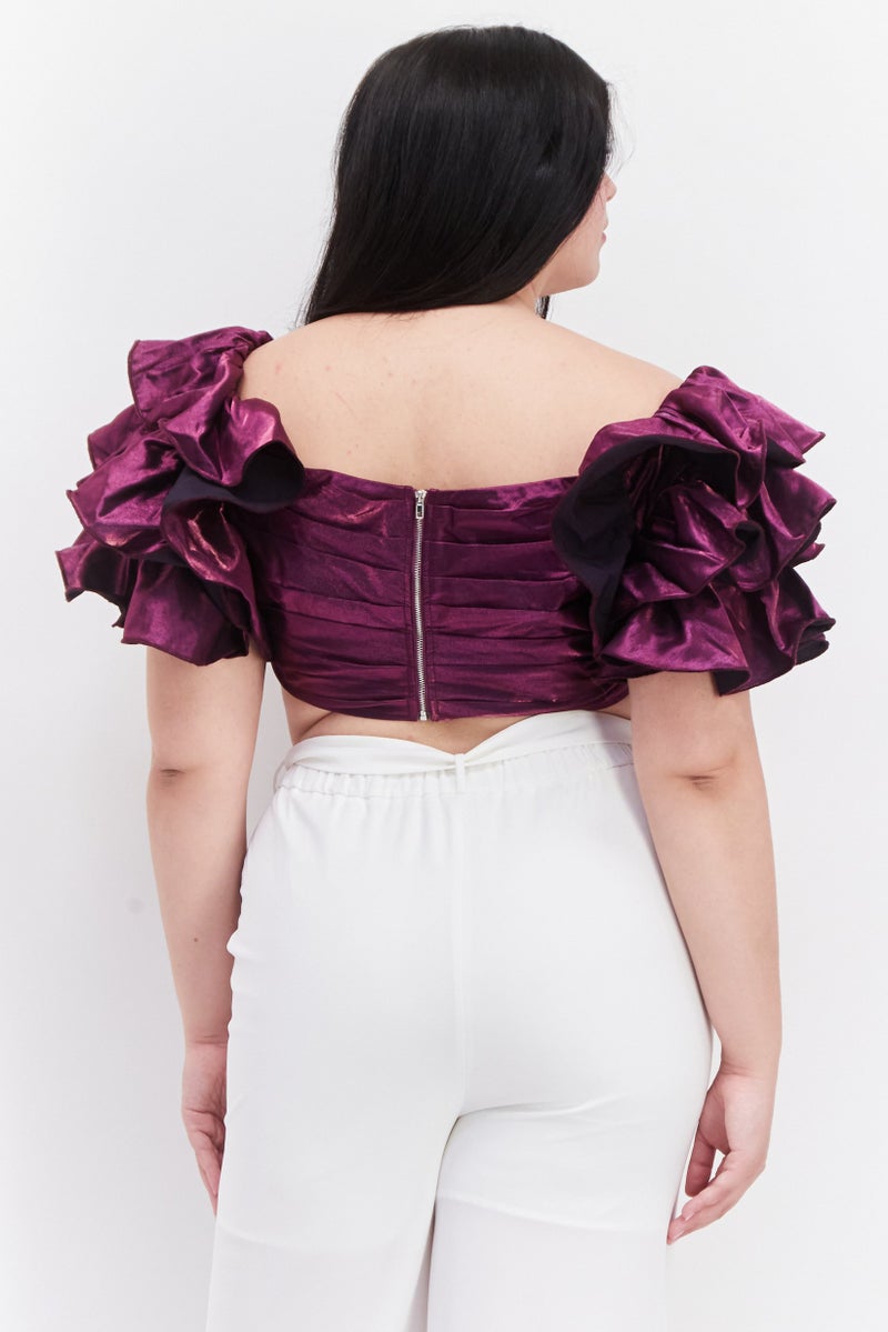 Yaura Women Square Neck Ruffle Sleeve Metallic Crop Top, Purple - Image 3