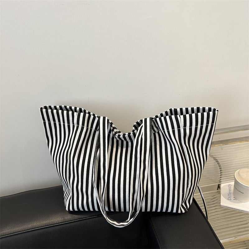 Casual Korean-Style Retro Artistic Simple Large Capacity Handbag 2024 Autumn Pinstripe Fresh Shoulder Tote Bag - Image 2