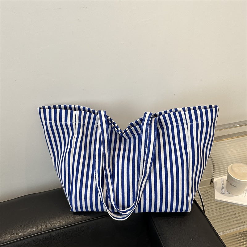 Casual Korean-Style Retro Artistic Simple Large Capacity Handbag 2024 Autumn Pinstripe Fresh Shoulder Tote Bag - Image 5