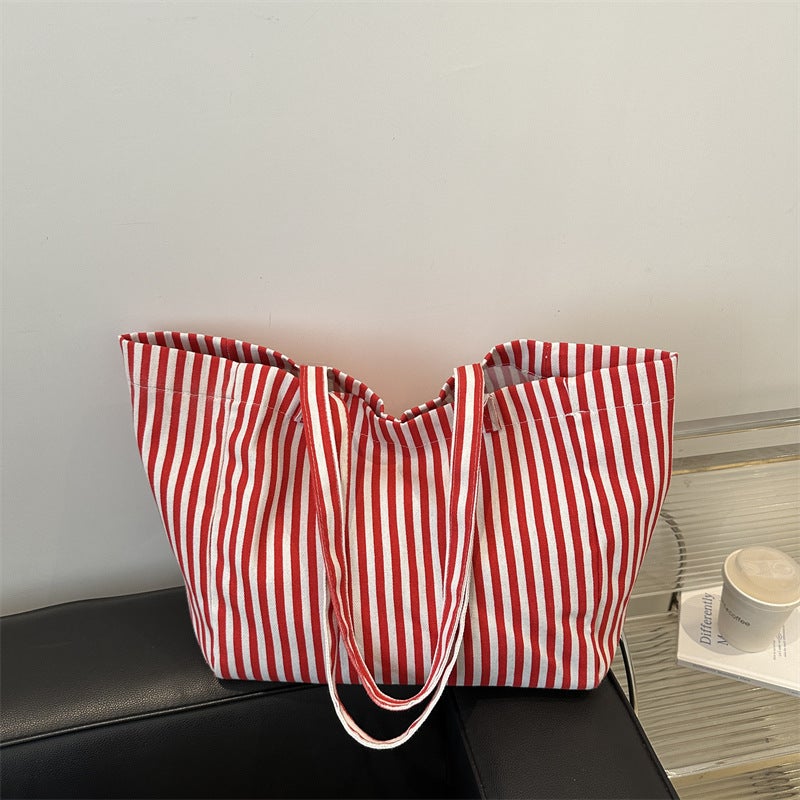 Casual Korean-Style Retro Artistic Simple Large Capacity Handbag 2024 Autumn Pinstripe Fresh Shoulder Tote Bag - Image 4