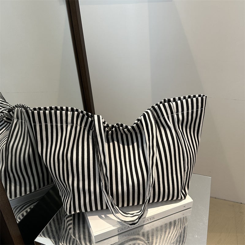 Casual Korean-Style Retro Artistic Simple Large Capacity Handbag 2024 Autumn Pinstripe Fresh Shoulder Tote Bag - Image 3