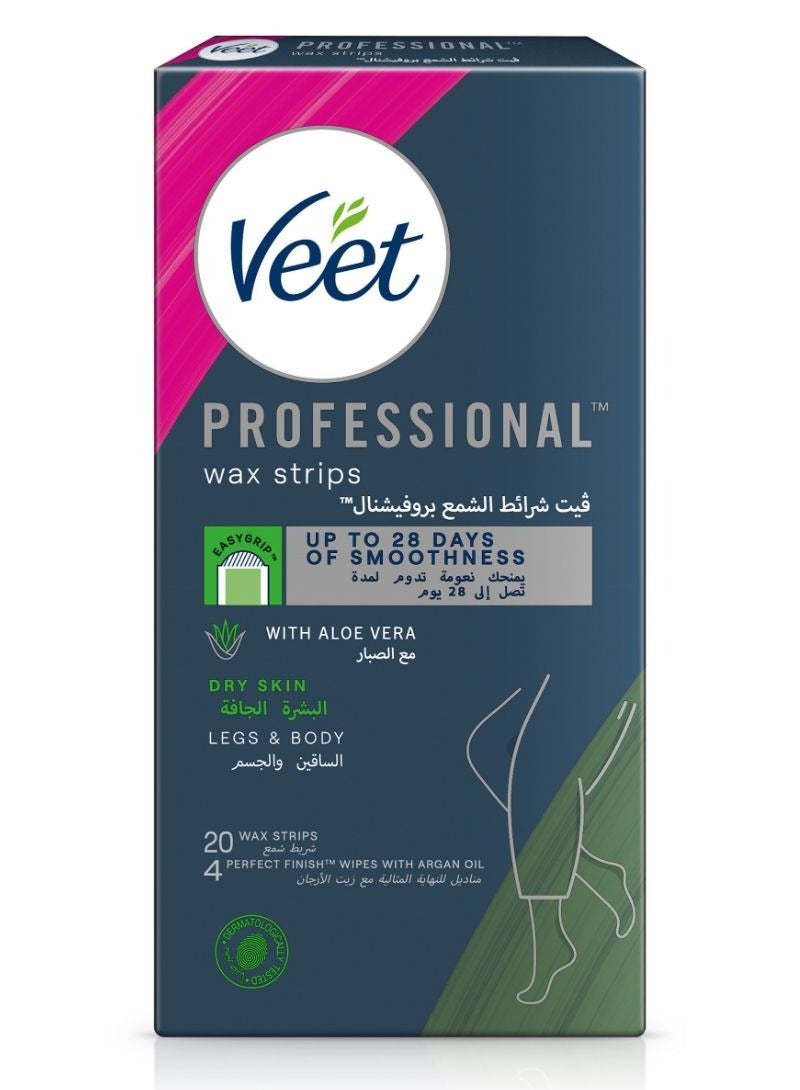 Veet Hair Removal Easy-Gel Wax Strips Body & Legs for Dry Skin, Nourishing Aloe Vera & Green Tea Scent – 20 Wax Strips