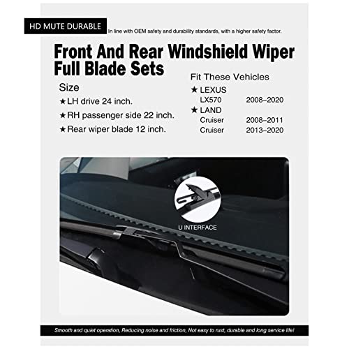 FAPIUO Replacement for Lexus LX570 2008-2020, Land Cruiser 2008-2011, Land Cruiser 2013-2020 Silent Wipers -FAPIUO Front and Rear Windshield Wipers 24"/22"+12" Full Blade Set (3 Pack) - Image 2