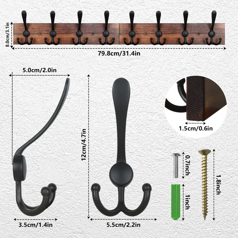 IBosins Wall Mounted Coat Rack, 31-2/5'' Long, Entryway Hanging Rack, Metal Wood Coat Hooks Rack with 8 Black Rustic Tri-Hooks Rail for Coat, Bag, Towel, Key, Hat, Umbrella - Image 2