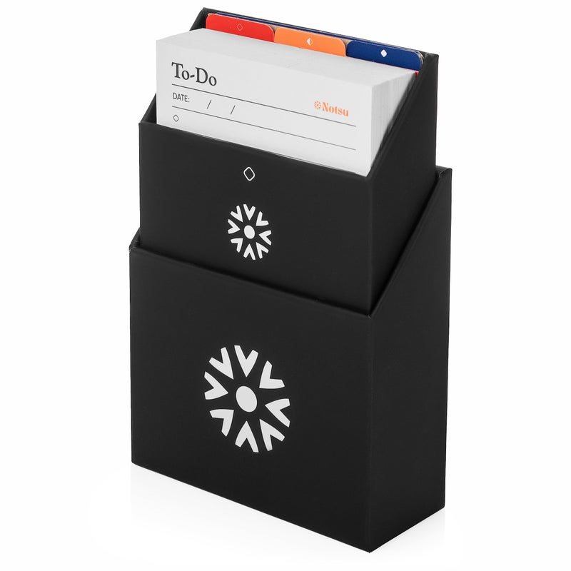 Notsu Centre Rise To Do List Card Box Set | 50 Foldable To-Do Vertical Notecards 3x5, Productivity Index Card Organizer Tab Dividers, Desk Card Holder Stand (Black) - Image 5