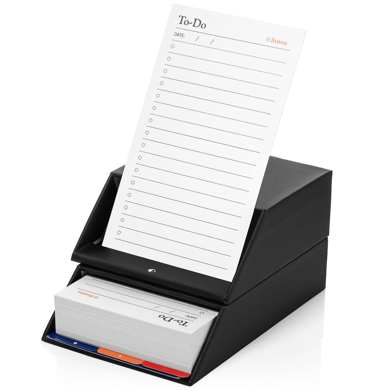 Notsu Centre Rise To Do List Card Box Set | 50 Foldable To-Do Vertical Notecards 3x5, Productivity Index Card Organizer Tab Dividers, Desk Card Holder Stand (Black) - Image 1