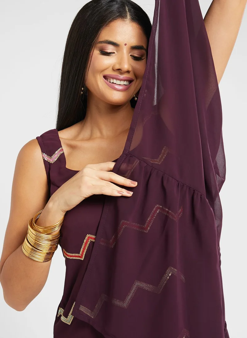INDDUS Lace Detail Kurti & Printed Hem Pants Set