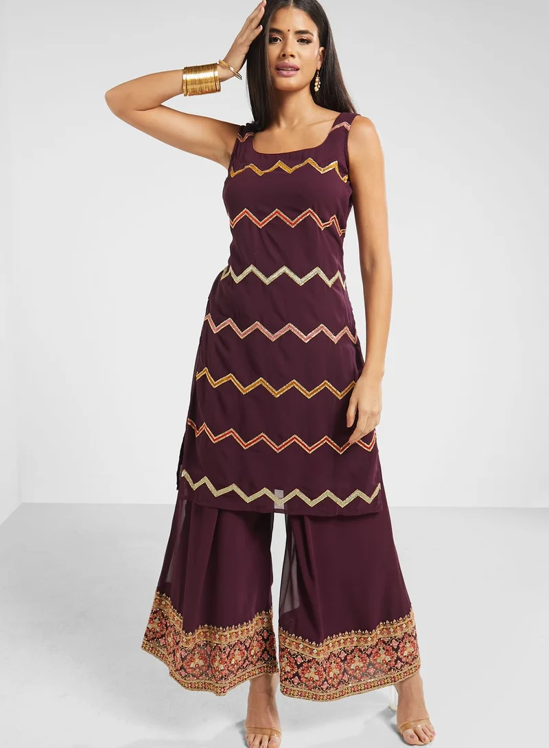 INDDUS Lace Detail Kurti & Printed Hem Pants Set