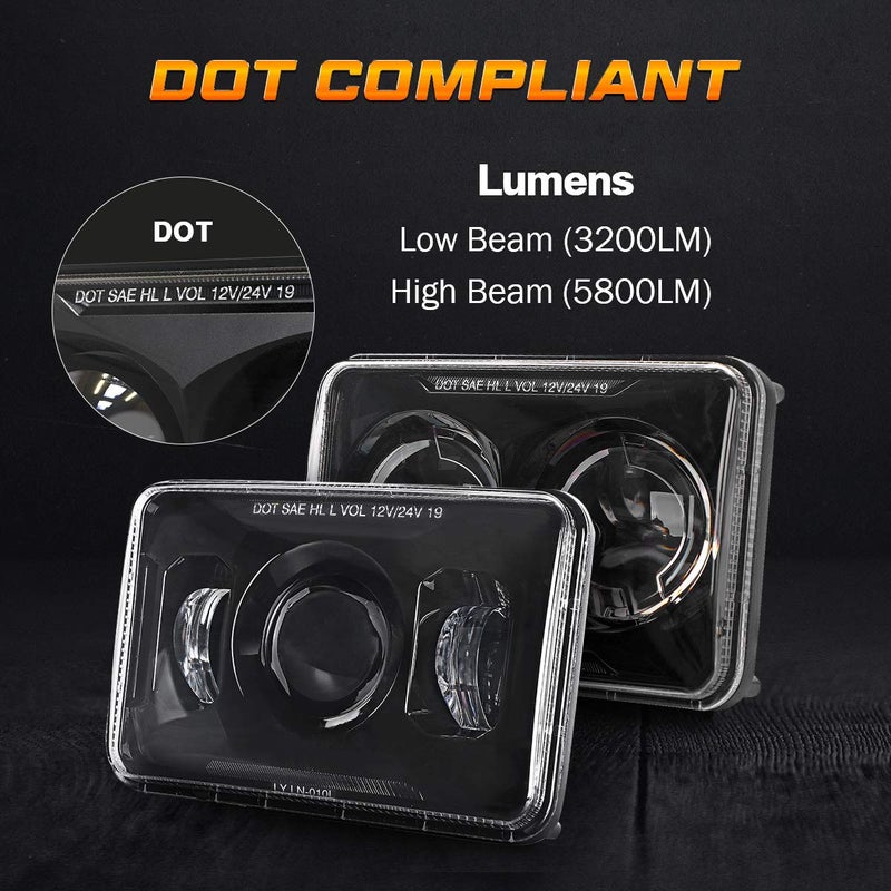 AUDEXEN 4x6 Inch LED Headlights for Kenworth T800 T600 & Peterbilt 379, 60W Rectangular Hi/Lo Beam, H4656 Replacement, DOT Approved, Black, 4PCS - Image 3