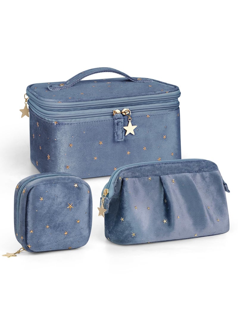 Wedama Wedama Makeup Bag Gift for Women, Christmas Gift Double-layer Cosmetic Bag with Jewelry Storage and Brush Holder 3 Pcs Velvet Makeup Organizer Bag Gift Set Travel Toiletry Bag for Women Girls, Blue 
