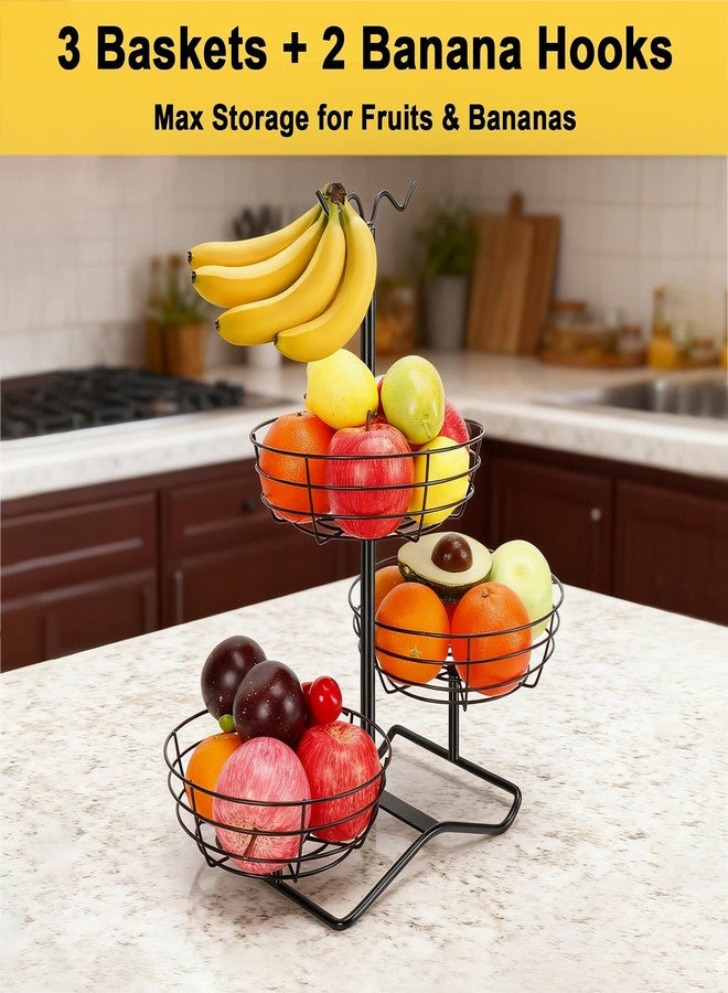 Winmien 3 Tier Fruit Basket Bowl with 2 Banana Hooks, Solid Metal Standing Vegetable Storage for Kitchen Counter, Large Capacity Organizer for Bread Snack Produce (Black) - Image 5