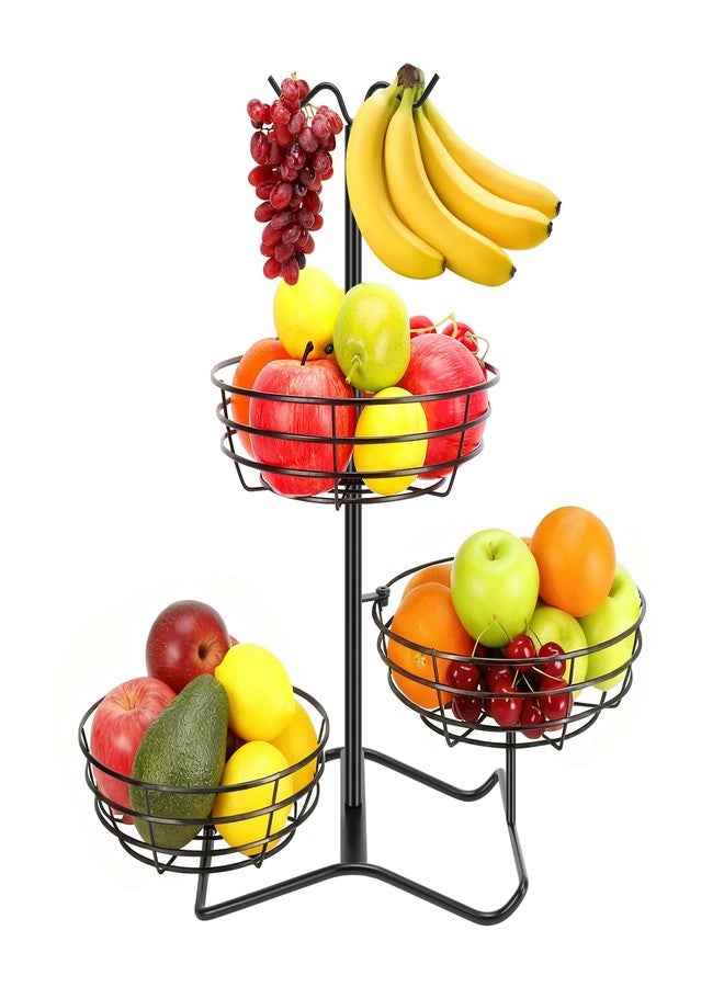 Winmien 3 Tier Fruit Basket Bowl with 2 Banana Hooks, Solid Metal Standing Vegetable Storage for Kitchen Counter, Large Capacity Organizer for Bread Snack Produce (Black) - Image 1