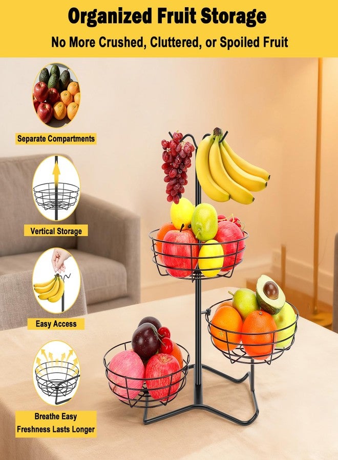 Winmien 3 Tier Fruit Basket Bowl with 2 Banana Hooks, Solid Metal Standing Vegetable Storage for Kitchen Counter, Large Capacity Organizer for Bread Snack Produce (Black) - Image 3