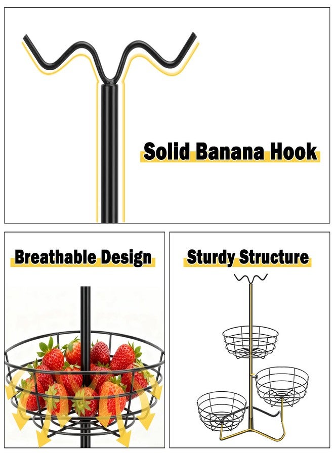Winmien 3 Tier Fruit Basket Bowl with 2 Banana Hooks, Solid Metal Standing Vegetable Storage for Kitchen Counter, Large Capacity Organizer for Bread Snack Produce (Black) - Image 4