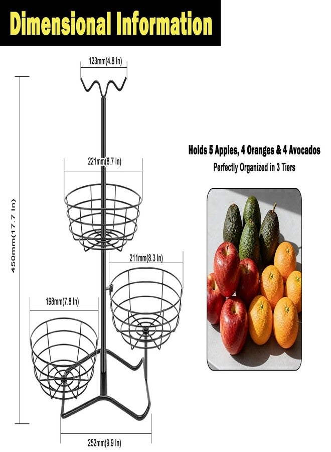 Winmien 3 Tier Fruit Basket Bowl with 2 Banana Hooks, Solid Metal Standing Vegetable Storage for Kitchen Counter, Large Capacity Organizer for Bread Snack Produce (Black) - Image 2
