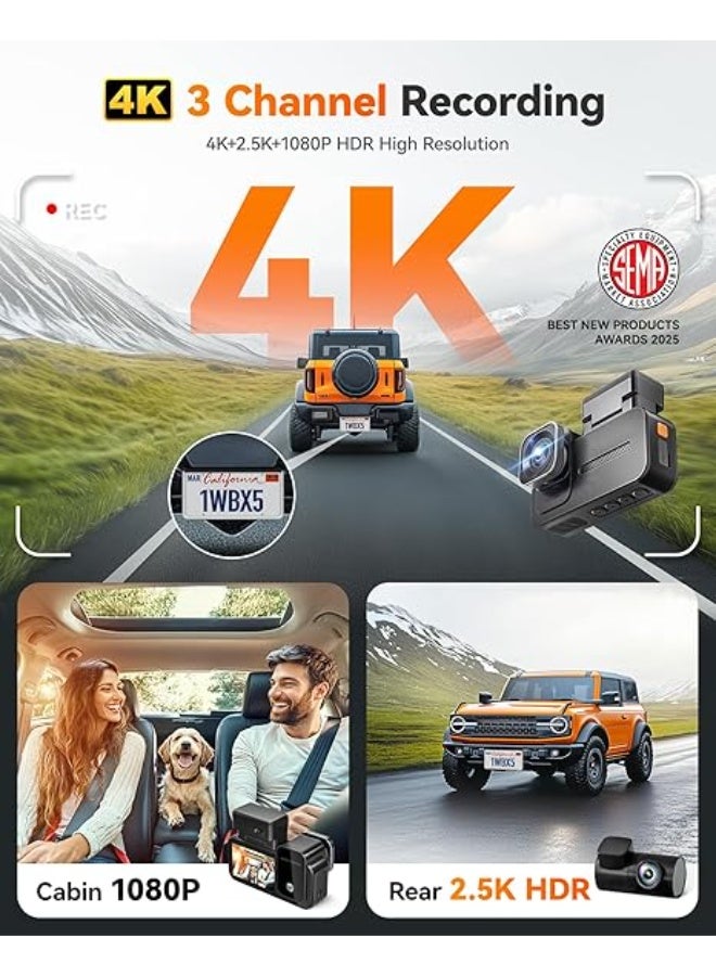 WOLFBOX X5 New 3 Channel 4K HDR Dash Cam, STARVIS 2 IMX678,4K+2.5K+1080P Front and Rear Inside Car Camera with 128GB Card, Voice Control, 5.8GHz WiFi GPS, Touch Screen, Digital Signal, Support 512GB - Image 2