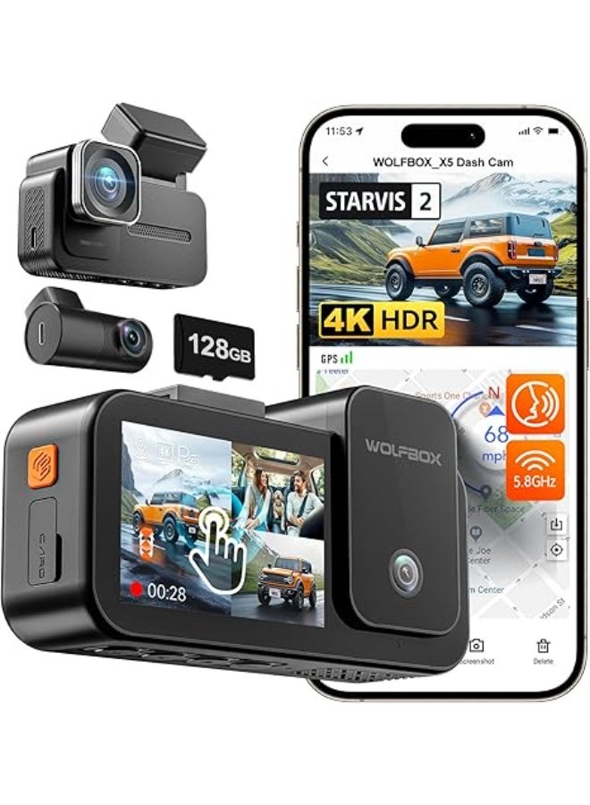 WOLFBOX X5 New 3 Channel 4K HDR Dash Cam, STARVIS 2 IMX678,4K+2.5K+1080P Front and Rear Inside Car Camera with 128GB Card, Voice Control, 5.8GHz WiFi GPS, Touch Screen, Digital Signal, Support 512GB - Image 1