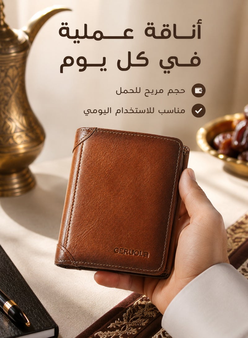 جيرولا محفظة رجالية ثلاثية الطيات من الجلد الطبيعي ومزودة بتقنية حماية RFID وحامل بطاقات متعدد الفتحات من جيرولا - بني أصفر - Image 3