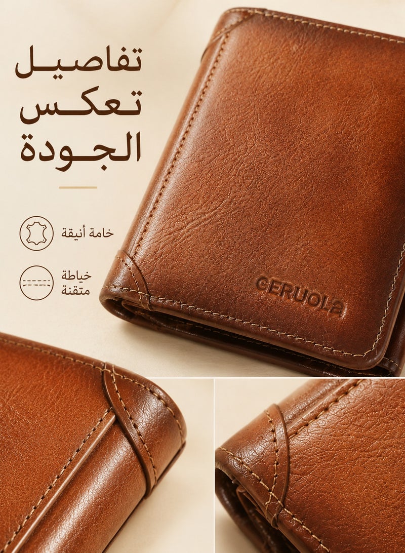 جيرولا محفظة رجالية ثلاثية الطيات من الجلد الطبيعي ومزودة بتقنية حماية RFID وحامل بطاقات متعدد الفتحات من جيرولا - بني أصفر - Image 4