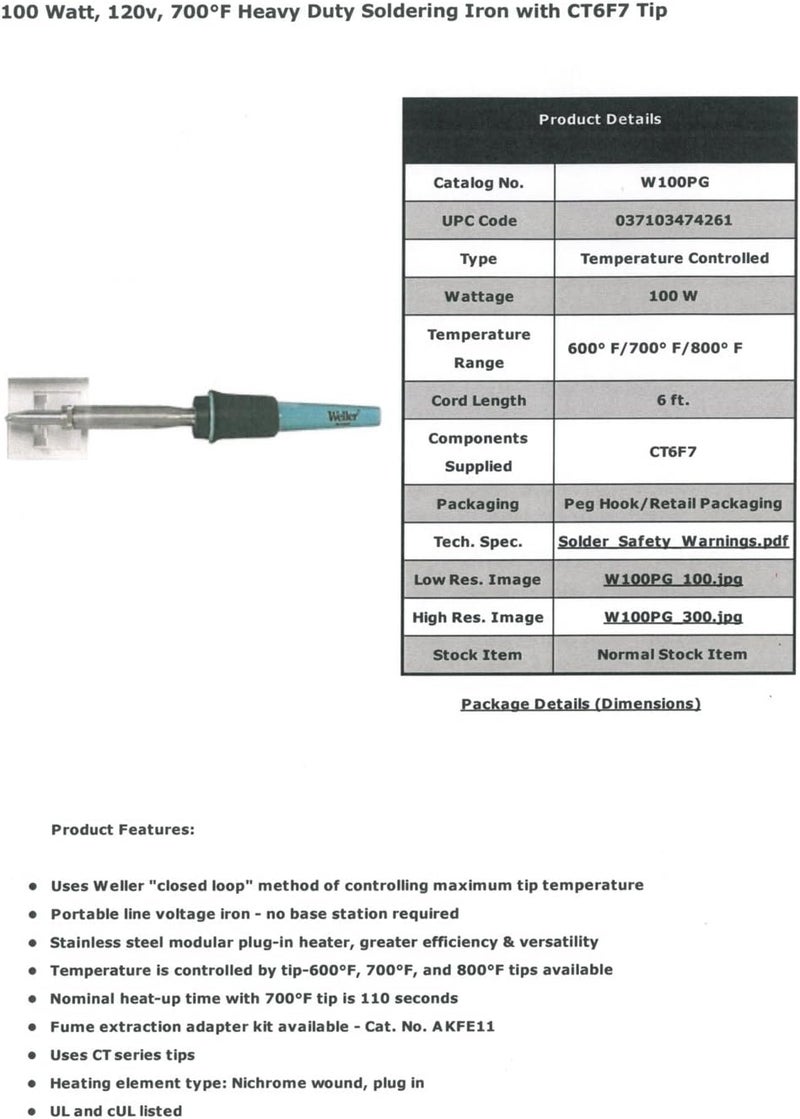 Weller W100PG Heavy Duty Soldering Iron with CT6F7 Tip, 100 Watt, 700 Degree Fahrenheit - Image 4