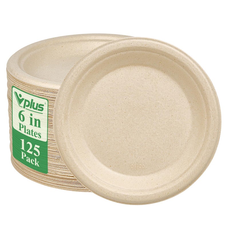 Vplus 125 Pack 6 inch Paper Plates 100 Compostable HeavyDuty Disposable Paper Plates Bagasse Natural Biodegradable EcoFriendly SugarcaneNature