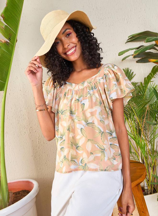 SASSAFRAS SASSAFRAS Floral Sweetheart Neck Flared Sleeve Top - Image 1