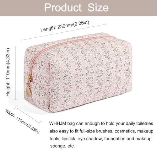 WHHJM Cute Floral Makeup Bag Small Cotton Quilted Cosmetic Bag, Aesthetic Essential Bag Emergency Bag Gift for Women Girls Travel Accessories (Pink Floral) - Image 3