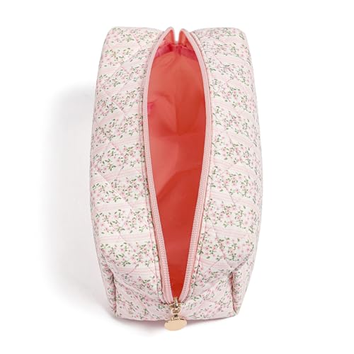 WHHJM Cute Floral Makeup Bag Small Cotton Quilted Cosmetic Bag, Aesthetic Essential Bag Emergency Bag Gift for Women Girls Travel Accessories (Pink Floral) - Image 2