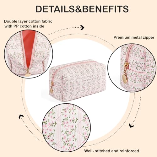 WHHJM Cute Floral Makeup Bag Small Cotton Quilted Cosmetic Bag, Aesthetic Essential Bag Emergency Bag Gift for Women Girls Travel Accessories (Pink Floral) - Image 4