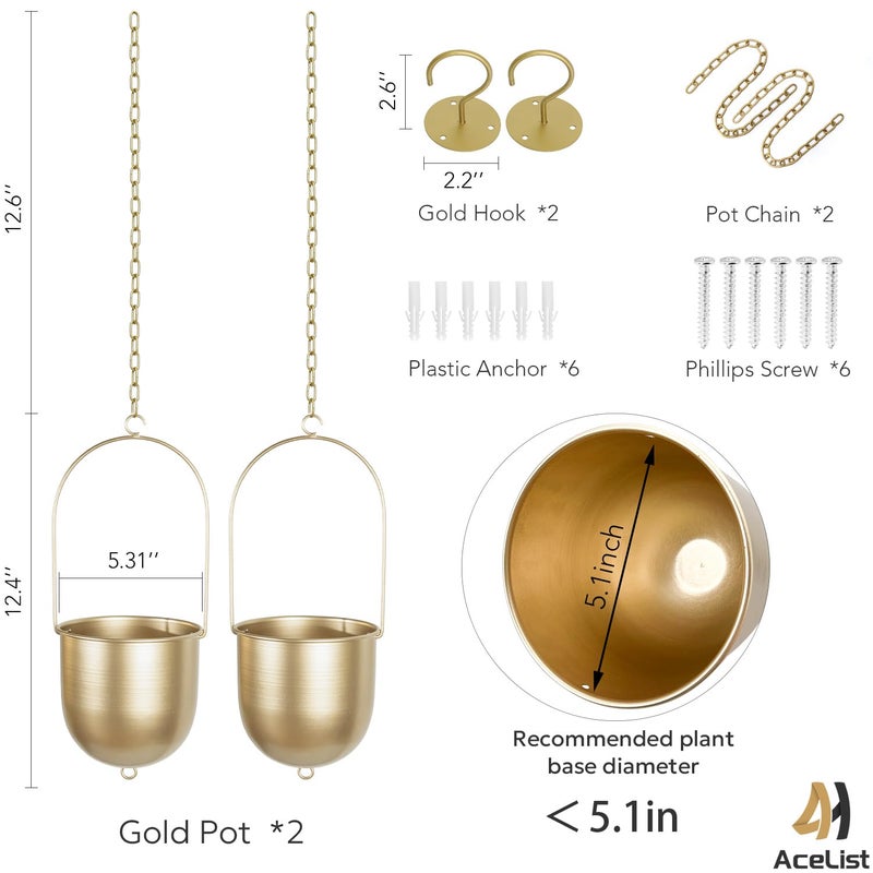 AceList Boho Hanging Planter, Set of 2 Gold Metal Plant Hanger with Hooks and Chains, Modern Wall & Ceiling Planters Outdoor/Indoor Hanging Planter for Window, Porch, Balcony and Home DÃ©cor - Image 2
