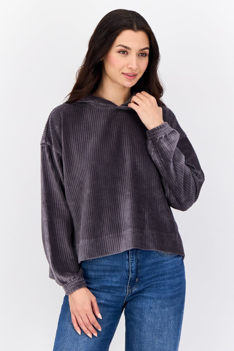 Aerie Women Textured Long Sleeves Hoodie, Dark Grey - Image 1