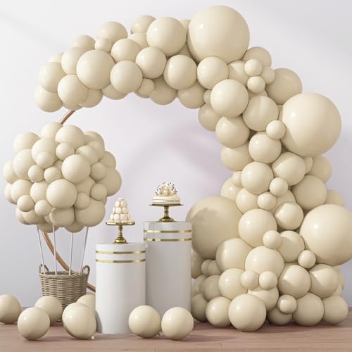 RUBFAC 129pcs Sand White Balloons Different Sizes 18 12 10 5 Inches, Cream Beige Latex Balloon Garland Arch for Birthday Party Graduation Wedding Anniversary Baby Shower Decoration - Image 1
