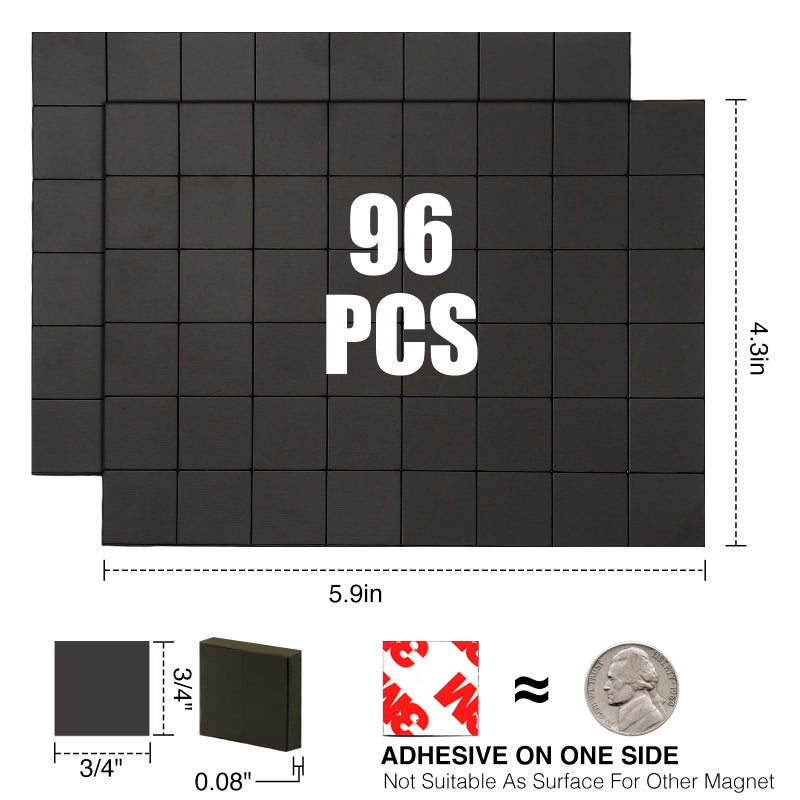 CHUNNIAO Magnetic Squares with Adhesive Backing(96 PCS Each 3/4" x 3/4"),Self Sticky Pre-Cut Magnet Tape Strip for Family Activities,Peel and Stick for Cards/Picture/Poster (80mil Magnet) - Image 2