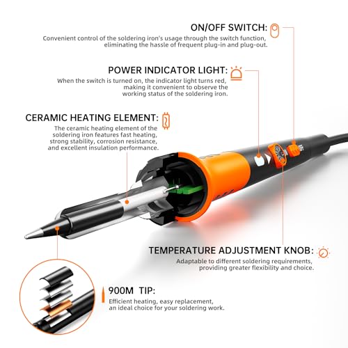 MEAKEST Soldering Iron Premium Kit, 60W Soldering Gun with Ceramic Heater, 12-in-1 Soldering Tool, Adjustable Temperature 200 to 450°C, Includes Soldering Iron Tip, Solder Wire, Pump and Paste - Image 2