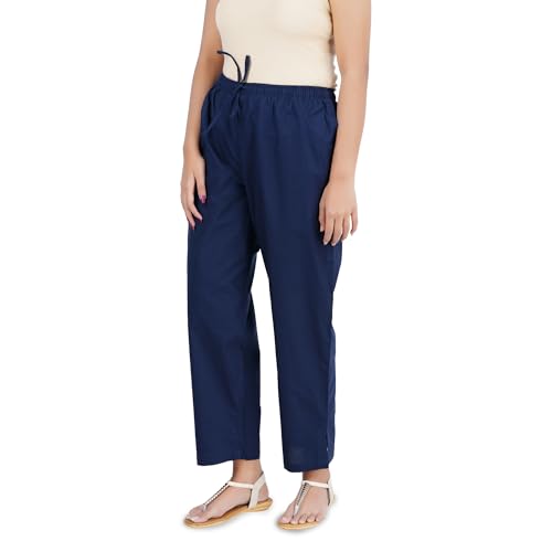 Happy Bunny Parallel Pants for Women 100% Cotton Ankle Length Trousers Regular Fit with Elastic Drawstring Stylish & Pockets Casual Formal Wear for Office & Home (LG, Midnight Blue) - Image 1