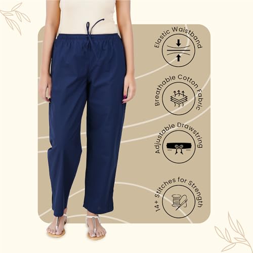Happy Bunny Parallel Pants for Women 100% Cotton Ankle Length Trousers Regular Fit with Elastic Drawstring Stylish & Pockets Casual Formal Wear for Office & Home (LG, Midnight Blue) - Image 2