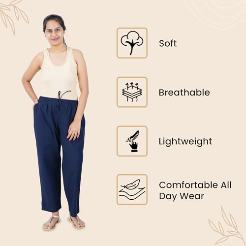 Happy Bunny Parallel Pants for Women 100% Cotton Ankle Length Trousers Regular Fit with Elastic Drawstring Stylish & Pockets Casual Formal Wear for Office & Home (LG, Midnight Blue) - Image 4