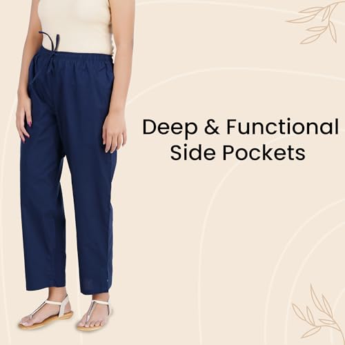Happy Bunny Parallel Pants for Women 100% Cotton Ankle Length Trousers Regular Fit with Elastic Drawstring Stylish & Pockets Casual Formal Wear for Office & Home (LG, Midnight Blue) - Image 3
